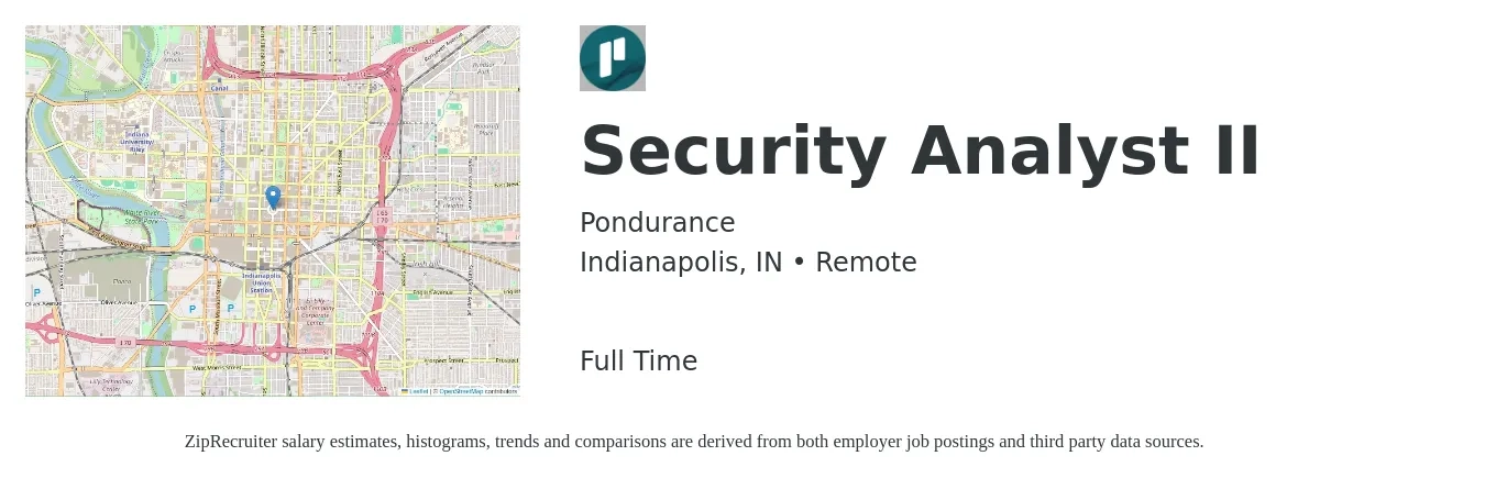 Pondurance job posting for a Security Analyst II in Indianapolis, IN with a salary of $87,500 to $124,300 Yearly with a map of Indianapolis location.