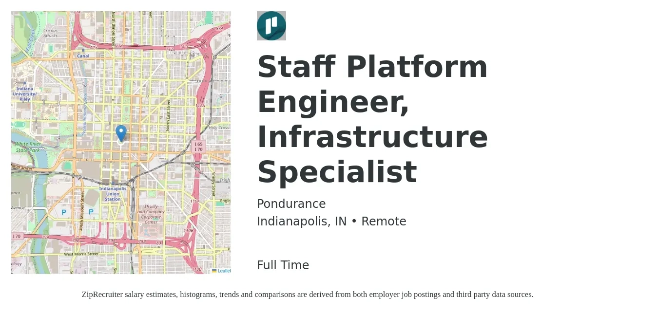 Pondurance job posting for a Staff Platform Engineer, Infrastructure Specialist in Indianapolis, IN with a salary of $102,800 to $134,800 Yearly with a map of Indianapolis location.