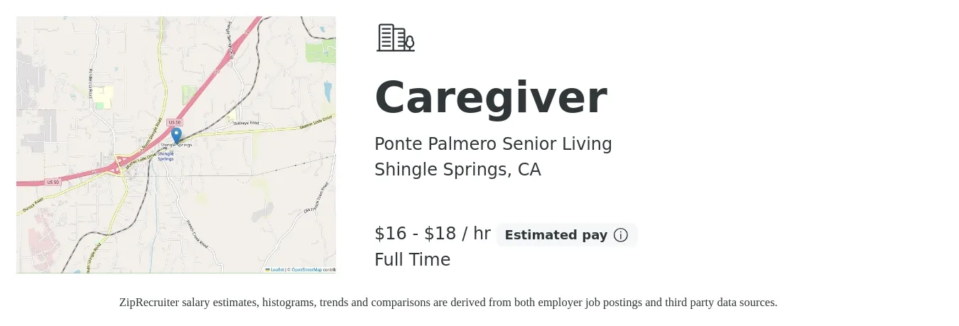 Ponte Palmero Senior Living job posting for a Caregiver in Shingle Springs, CA with a salary of $17 to $19 Hourly with a map of Shingle Springs location.