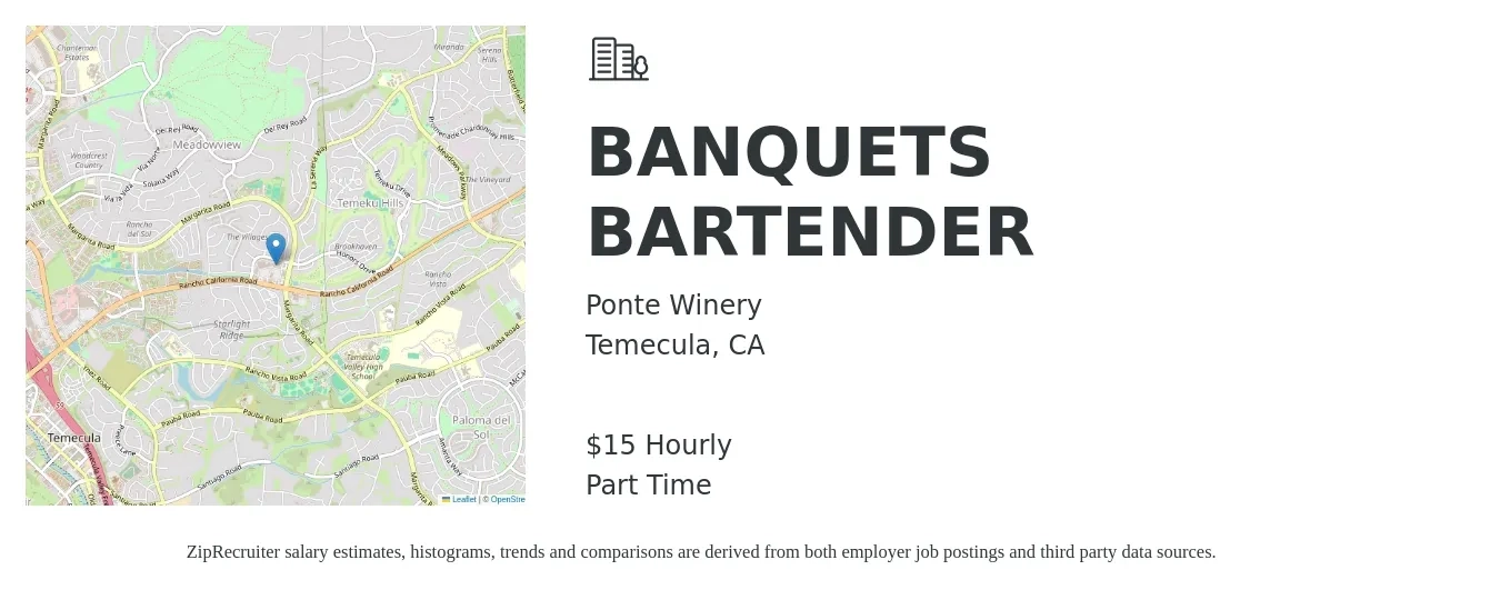 Ponte Winery job posting for a BANQUETS BARTENDER in Temecula, CA with a salary of $16 Hourly with a map of Temecula location.