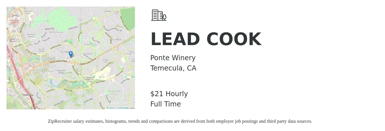 Ponte Winery job posting for a LEAD COOK in Temecula, CA with a salary of $22 Hourly with a map of Temecula location.