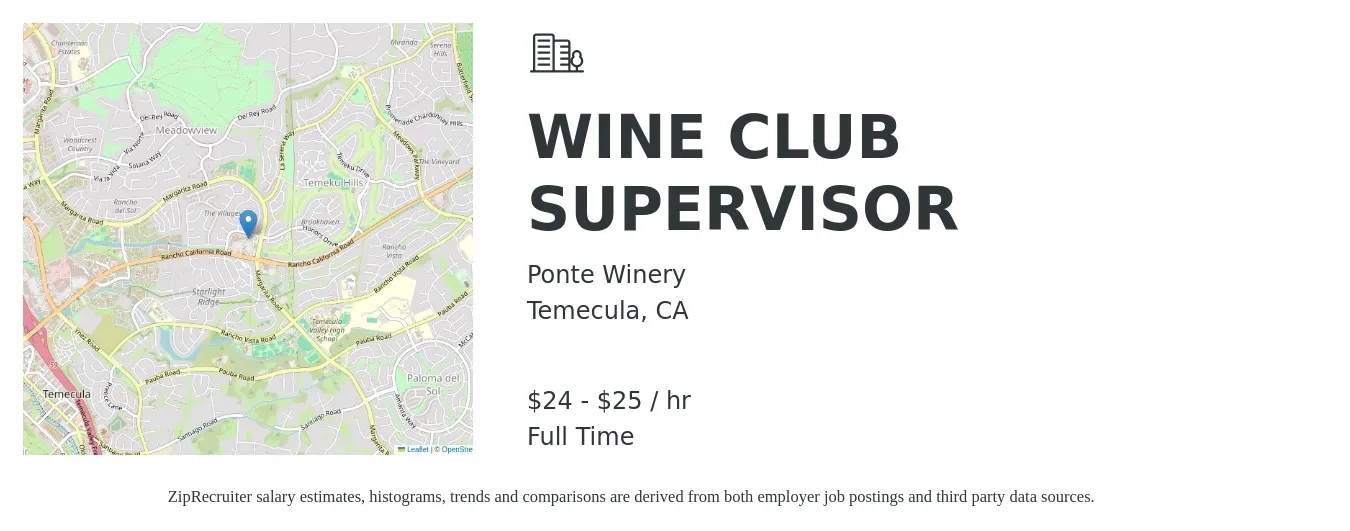 Ponte Winery job posting for a WINE CLUB SUPERVISOR in Temecula, CA with a salary of $25 Hourly with a map of Temecula location.
