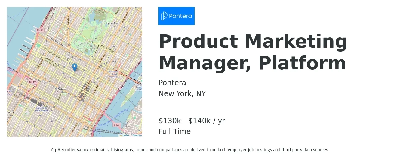 Pontera job posting for a Product Marketing Manager, Platform in New York, NY with a salary of $130,000 to $140,000 Yearly with a map of New York location.