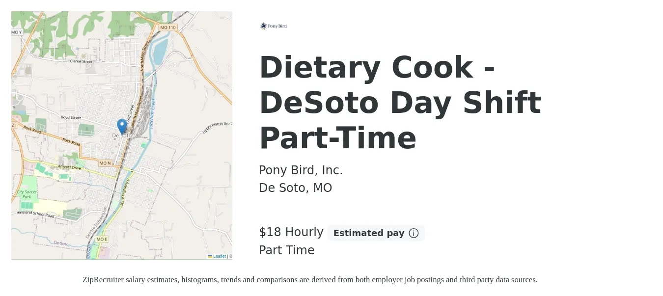 Pony Bird, Inc. job posting for a Dietary Cook - DeSoto Day Shift Part-Time in De Soto, MO with a salary of $19 Hourly with a map of De Soto location.