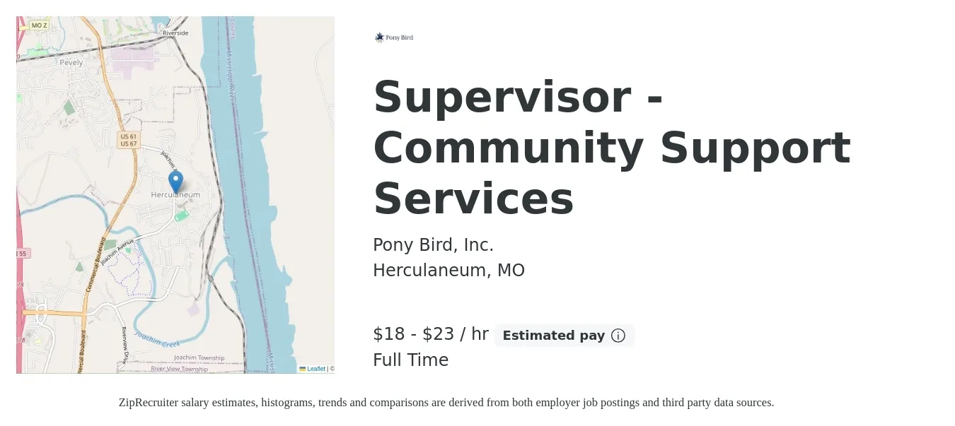 Pony Bird, Inc. job posting for a Supervisor - Community Support Services in Herculaneum, MO with a salary of $20 to $25 Hourly with a map of Herculaneum location.