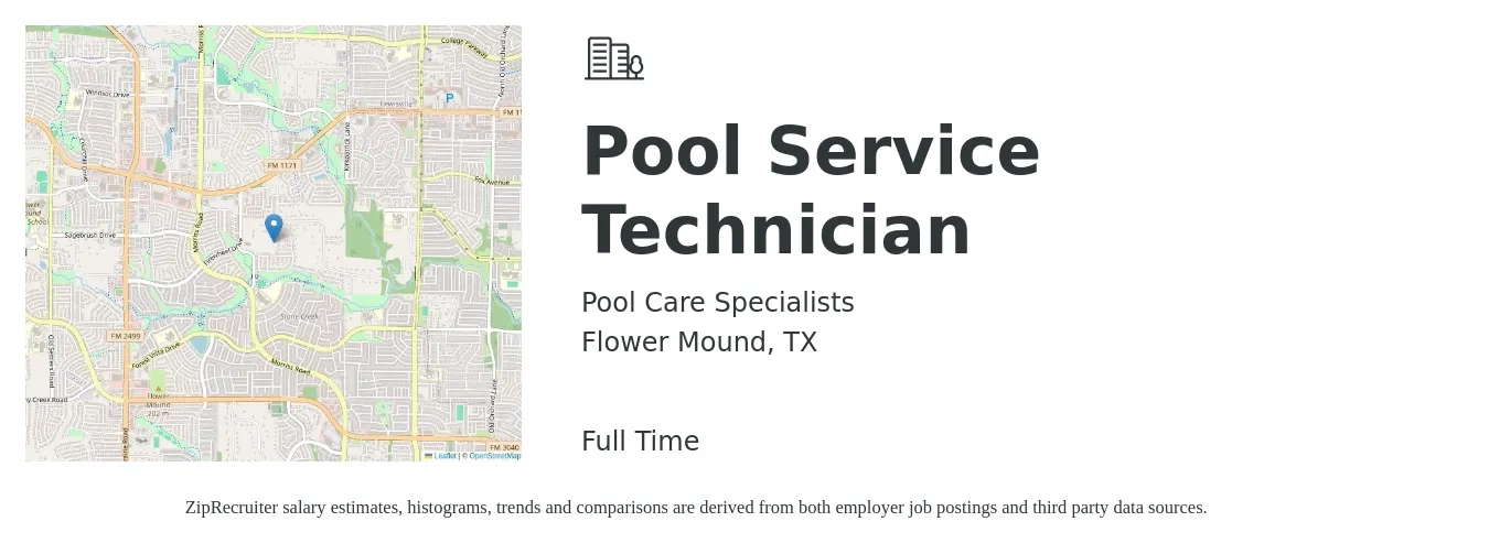 Pool Care Specialists job posting for a Pool Service Technician in Flower Mound, TX with a salary of $15 to $19 Hourly with a map of Flower Mound location.