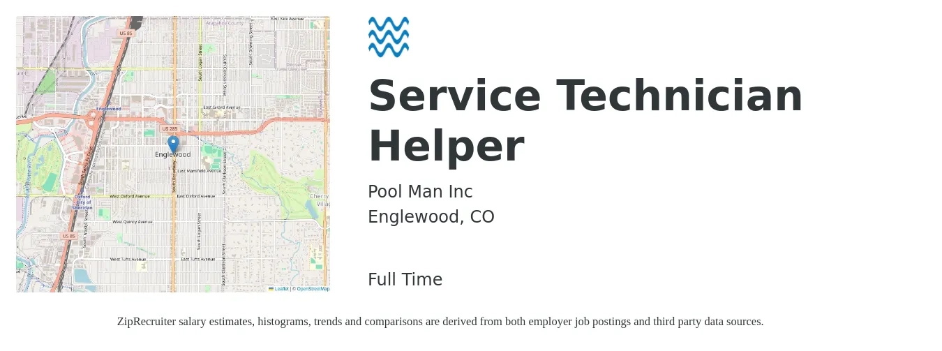 Pool Man Inc job posting for a Service Technician Helper in Englewood, CO with a salary of $18 to $29 Hourly with a map of Englewood location.