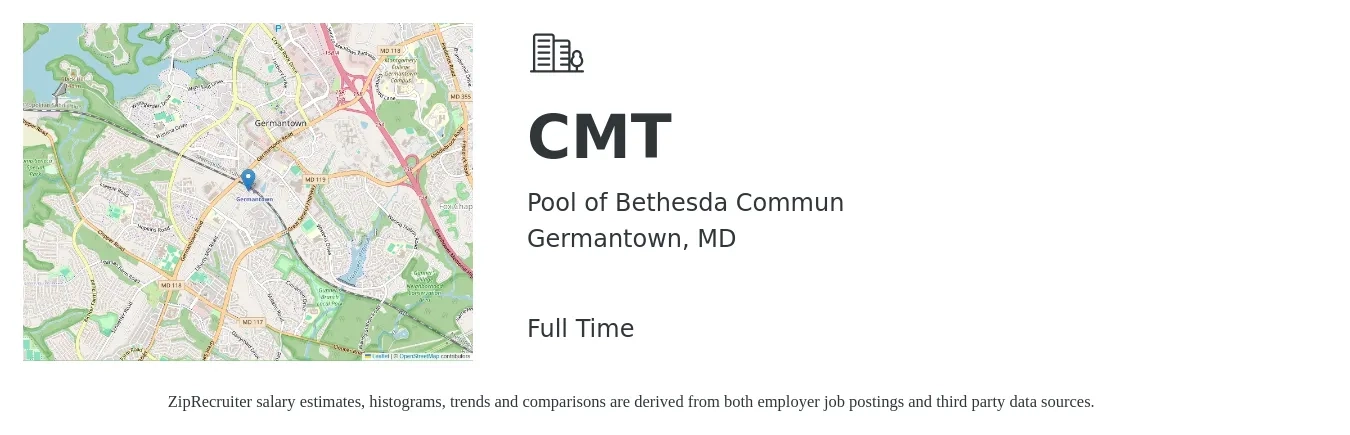 Pool of Bethesda Commun job posting for a CMT in Germantown, MD with a salary of $17 to $24 Hourly with a map of Germantown location.