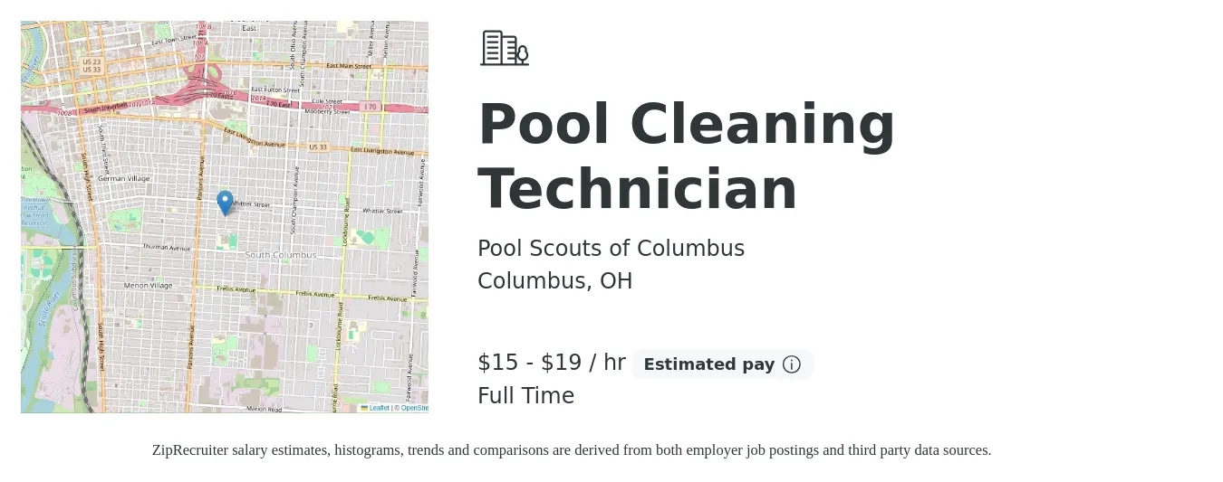 Pool Scouts of Columbus job posting for a Pool Cleaning Technician in Columbus, OH with a salary of $16 to $20 Hourly with a map of Columbus location.