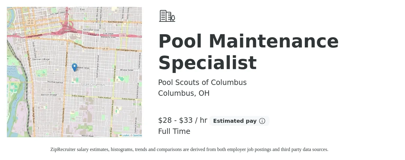 Pool Scouts of Columbus job posting for a Pool Maintenance Specialist in Columbus, OH with a salary of $30 to $35 Hourly with a map of Columbus location.