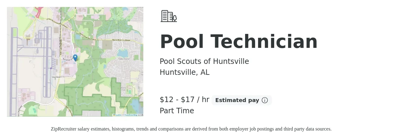 Pool Scouts of Huntsville job posting for a Pool Technician in Huntsville, AL with a salary of $12 to $18 Hourly with a map of Huntsville location.