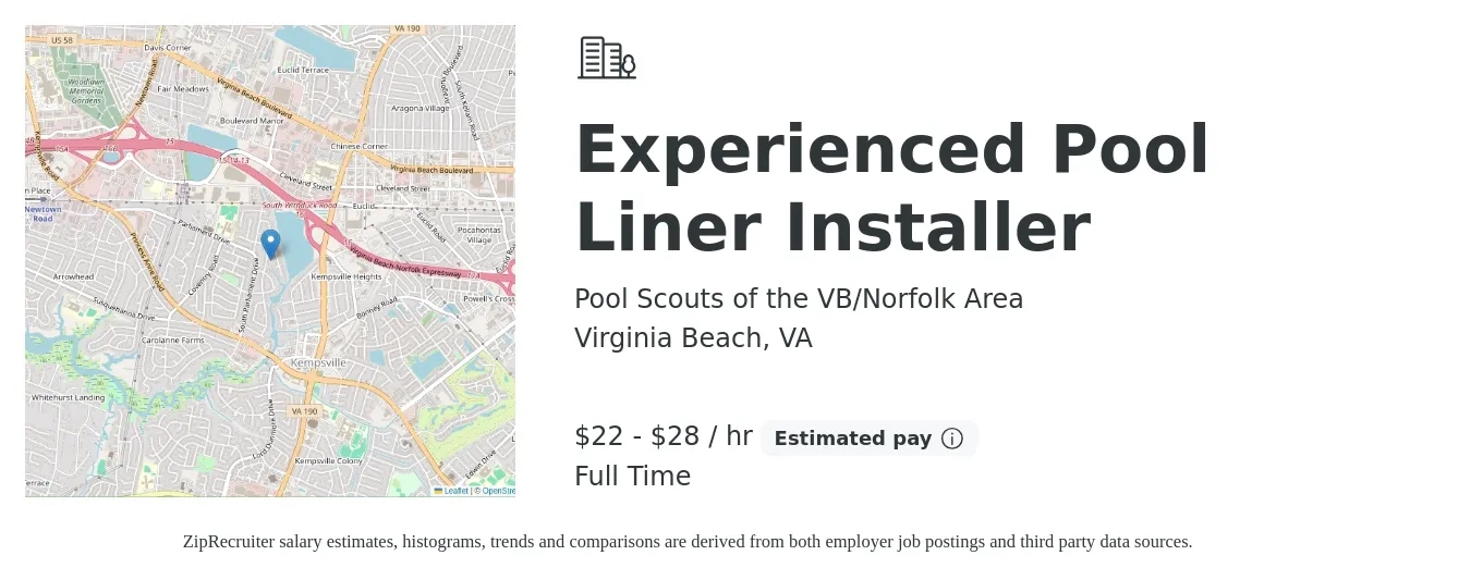 Pool Scouts of the VB/Norfolk Area job posting for a Experienced Pool Liner Installer in Virginia Beach, VA with a salary of $23 to $30 Hourly with a map of Virginia Beach location.