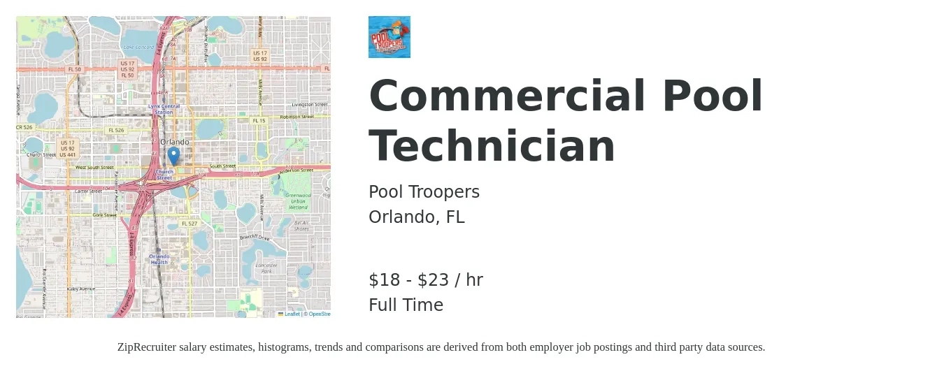 Pool Troopers job posting for a Commercial Pool Technician in Orlando, FL with a salary of $19 to $24 Hourly with a map of Orlando location.