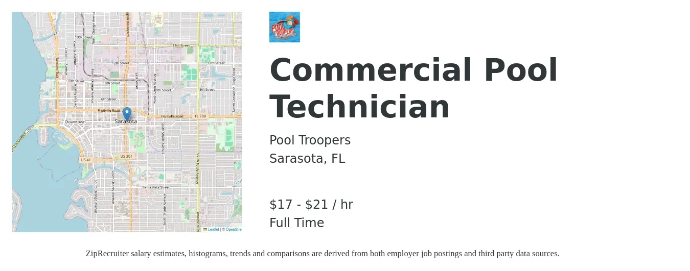 Pool Troopers job posting for a Commercial Pool Technician in Sarasota, FL with a salary of $18 to $22 Hourly with a map of Sarasota location.