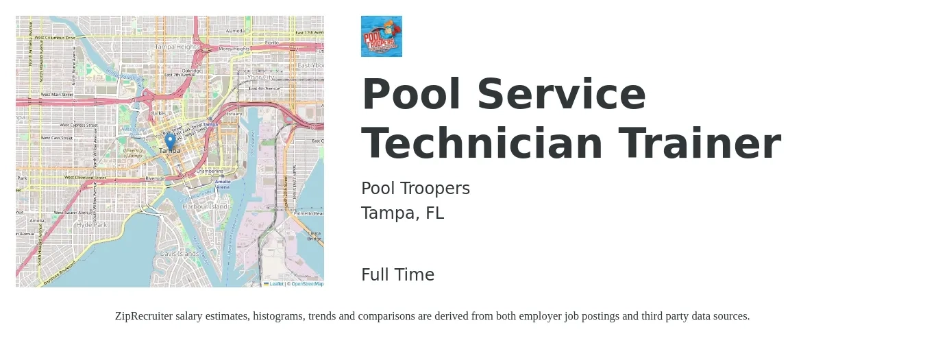 Pool Troopers job posting for a Pool Service Technician Trainer in Tampa, FL with a salary of $50,000 to $60,000 Yearly with a map of Tampa location.