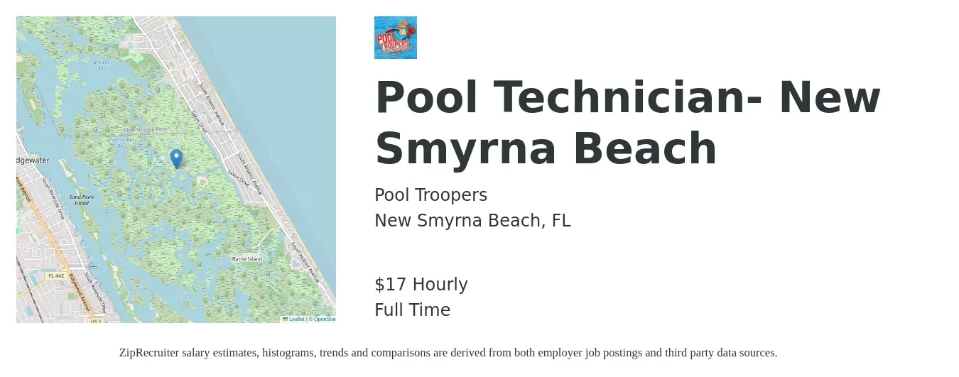 Pool Troopers job posting for a Pool Technician- New Smyrna Beach in New Smyrna Beach, FL with a salary of $18 Hourly with a map of New Smyrna Beach location.