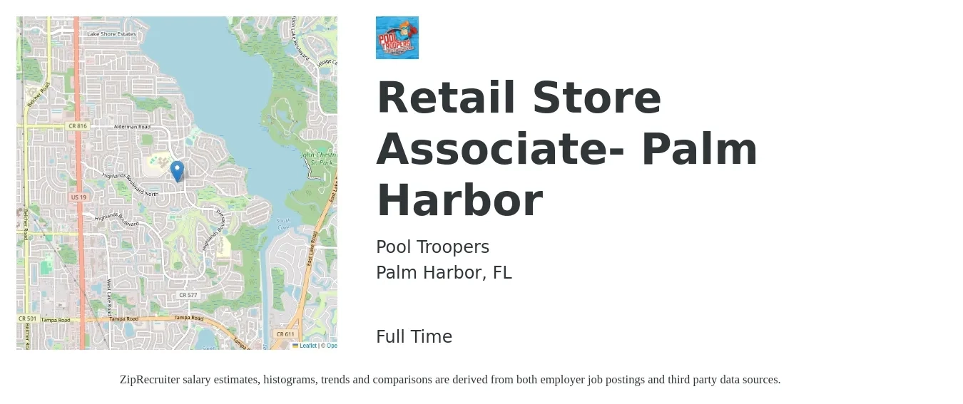 Pool Troopers job posting for a Retail Store Associate- Palm Harbor in Palm Harbor, FL with a salary of $17 Hourly with a map of Palm Harbor location.