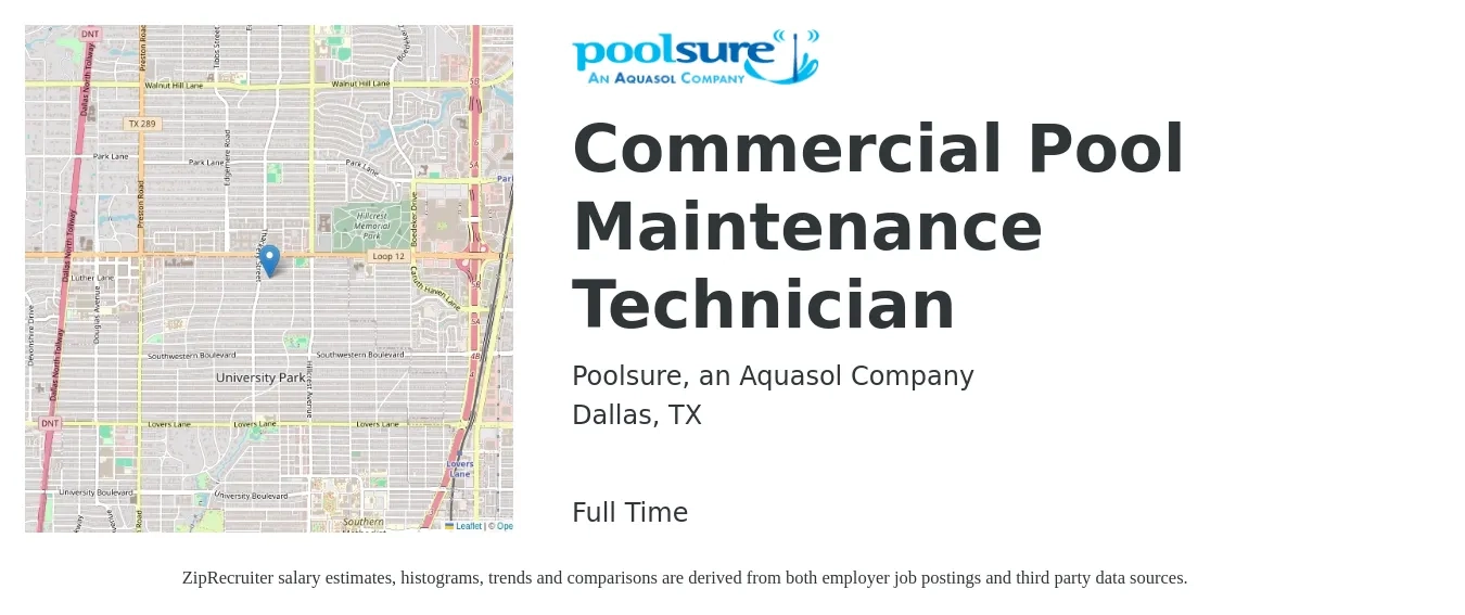 Poolsure, an Aquasol Company job posting for a Commercial Pool Maintenance Technician in Dallas, TX with a salary of $22 to $28 Hourly with a map of Dallas location.