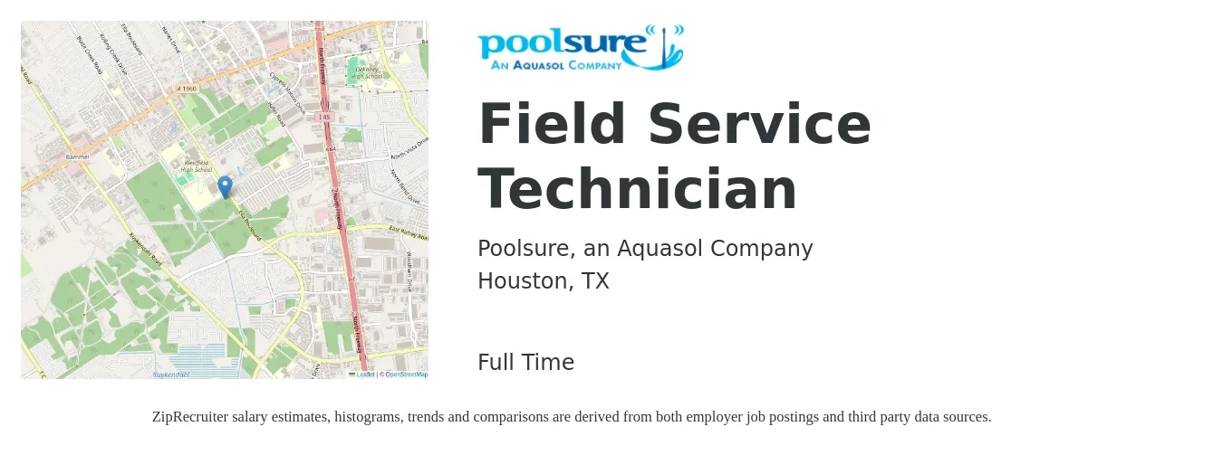 Poolsure, an Aquasol Company job posting for a Field Service Technician in Houston, TX with a salary of $19 to $28 Hourly with a map of Houston location.
