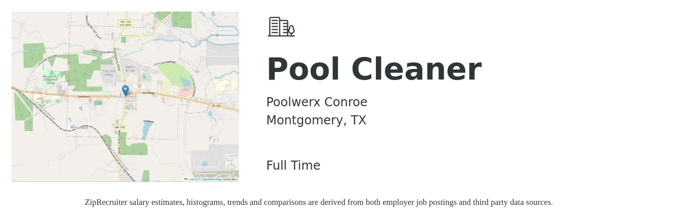 Poolwerx Conroe job posting for a Pool Cleaner in Montgomery, TX with a salary of $13 to $16 Hourly with a map of Montgomery location.
