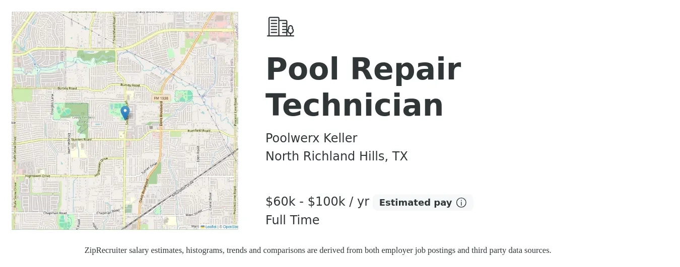 Poolwerx Keller job posting for a Pool Repair Technician in North Richland Hills, TX with a salary of $60,000 to $100,000 Yearly with a map of North Richland Hills location.