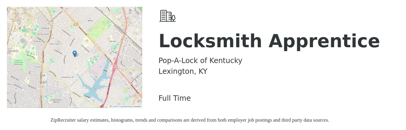 Pop-A-Lock of Kentucky job posting for a Locksmith Apprentice in Lexington, KY with a salary of $20 to $29 Hourly with a map of Lexington location.