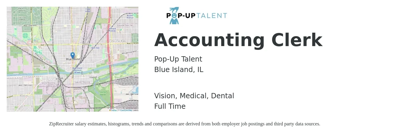 Pop-Up Talent job posting for a Accounting Clerk in Blue Island, IL with a salary of $18 to $23 Hourly and benefits including vision, dental, medical, and pto with a map of Blue Island location.