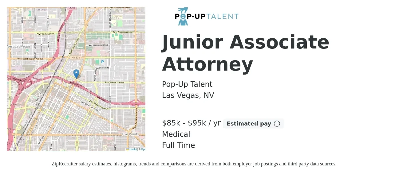 Pop-Up Talent job posting for a Junior Associate Attorney in Las Vegas, NV with a salary of $95,000 Yearly with a map of Las Vegas location.