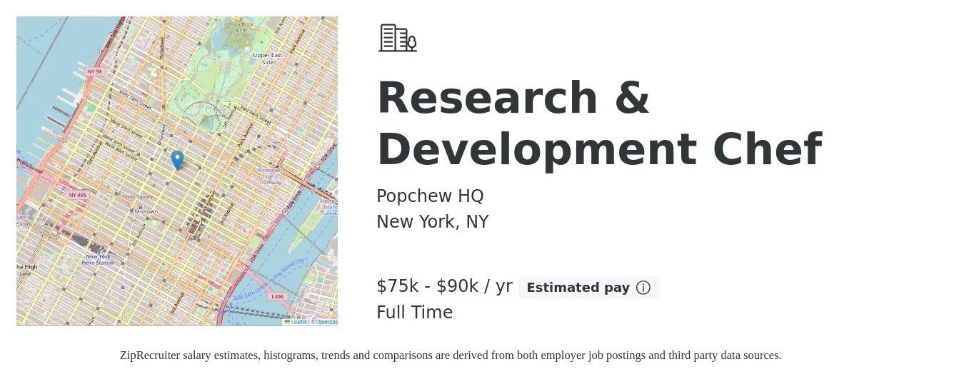 Popchew HQ job posting for a Research & Development Chef in New York, NY with a salary of $75,000 to $90,000 Yearly with a map of New York location.