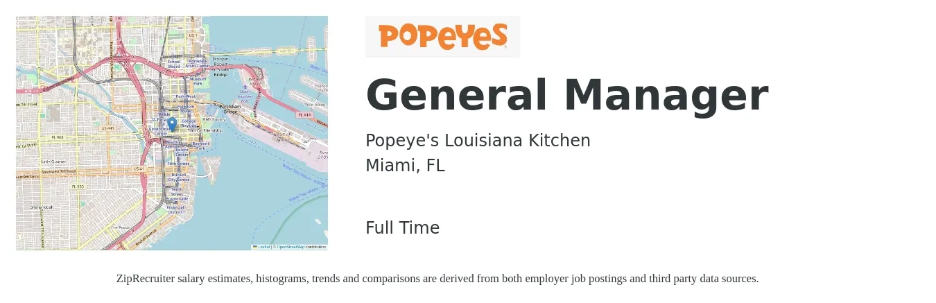 Popeye's Louisiana Kitchen job posting for a General Manager in Miami, FL with a salary of $47,300 to $70,800 Yearly with a map of Miami location.