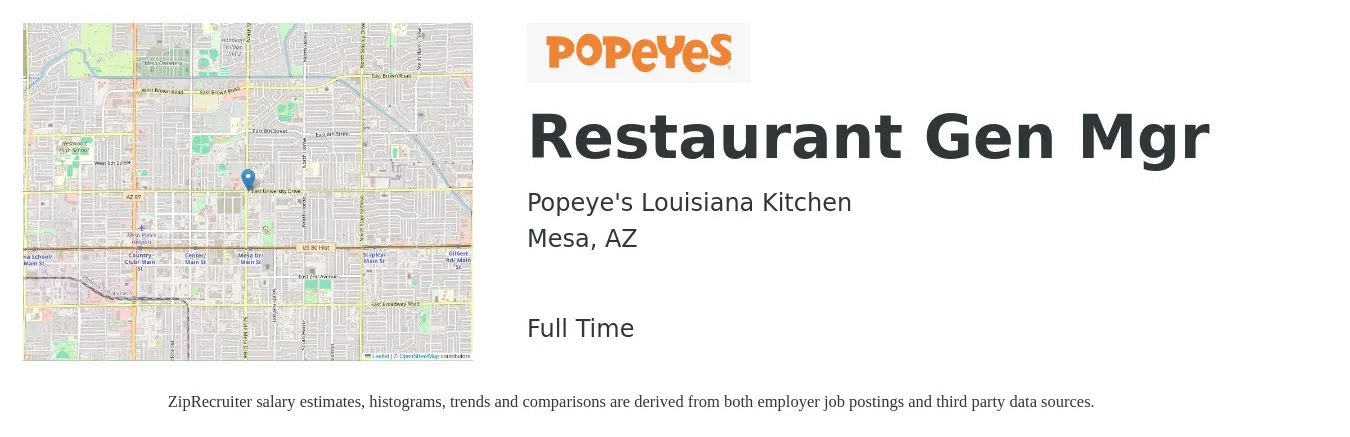 Popeye's Louisiana Kitchen job posting for a Restaurant Gen Mgr in Mesa, AZ with a salary of $43,200 to $60,900 Yearly with a map of Mesa location.