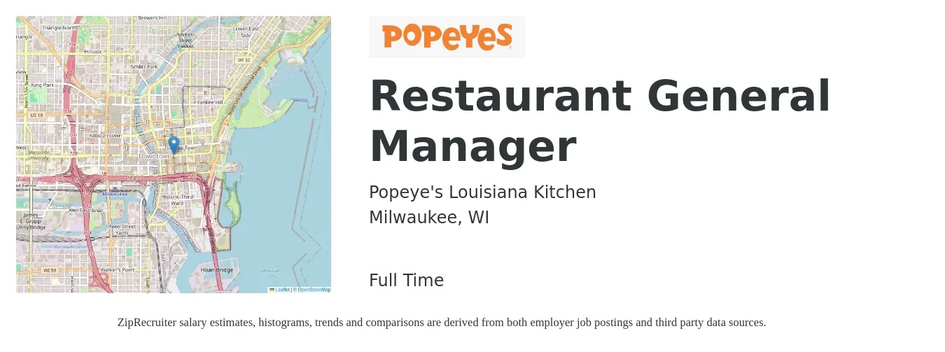 Popeye's Louisiana Kitchen job posting for a Restaurant General Manager in Milwaukee, WI with a salary of $53,100 to $73,200 Yearly with a map of Milwaukee location.