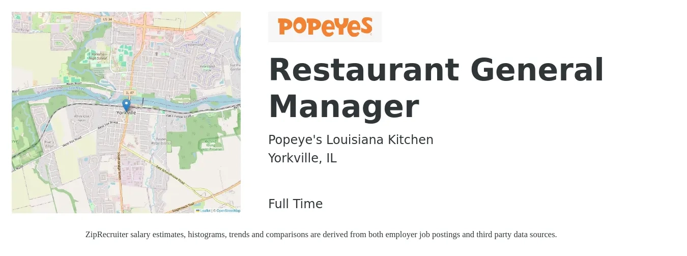 Popeye's Louisiana Kitchen job posting for a Restaurant General Manager in Yorkville, IL with a salary of $52,800 to $72,900 Yearly with a map of Yorkville location.