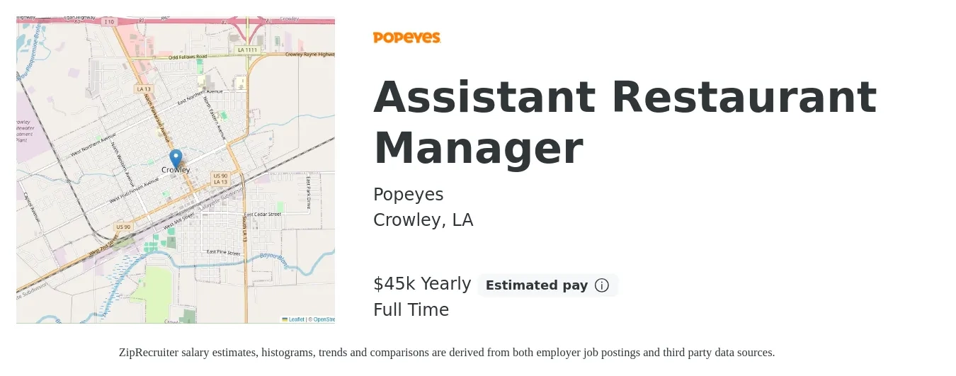 Popeyes job posting for a Assistant Restaurant Manager in Crowley, LA with a salary of $45,000 Yearly with a map of Crowley location.