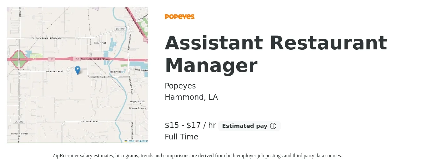 Popeyes job posting for a Assistant Restaurant Manager in Hammond, LA with a salary of $16 to $18 Hourly with a map of Hammond location.