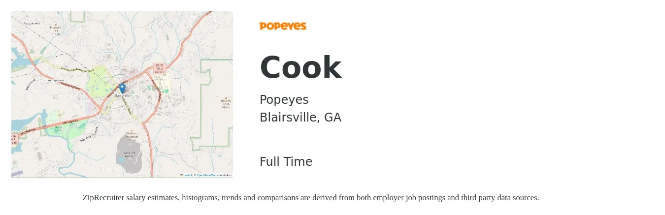 Popeyes job posting for a Cook in Blairsville, GA with a salary of $10 to $14 Hourly with a map of Blairsville location.