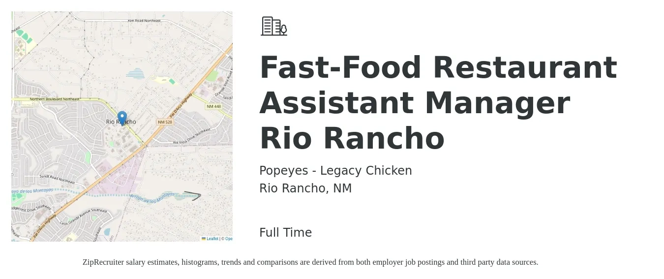 Popeyes - Legacy Chicken job posting for a Fast-Food Restaurant Assistant Manager Rio Rancho in Rio Rancho, NM with a salary of $37,900 to $61,000 Yearly with a map of Rio Rancho location.