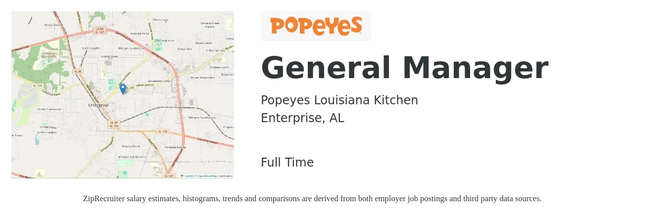 Popeyes Louisiana Kitchen job posting for a General Manager in Enterprise, AL with a salary of $39,200 to $58,600 Yearly with a map of Enterprise location.