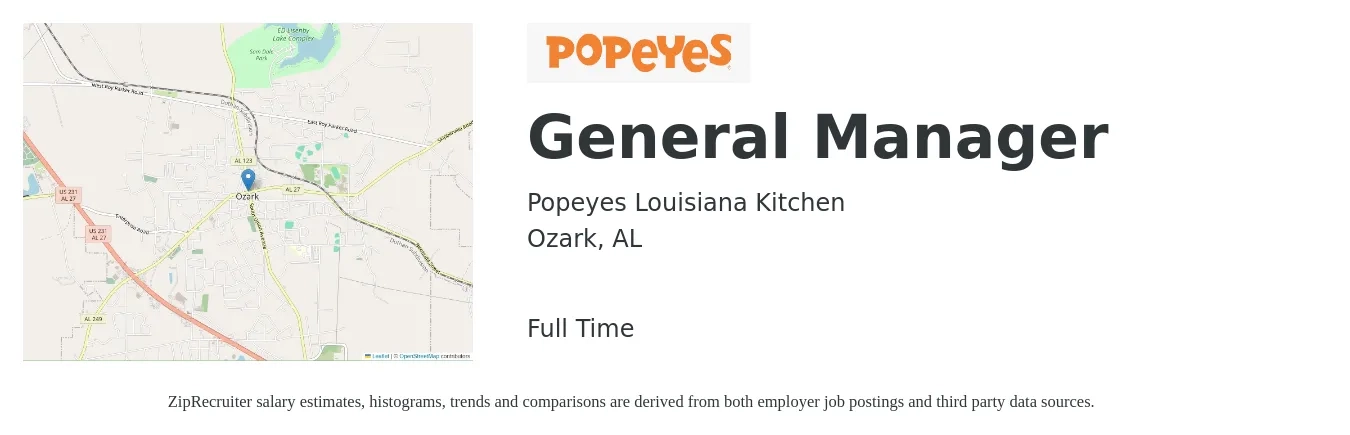 Popeyes Louisiana Kitchen job posting for a General Manager in Ozark, AL with a salary of $44,500 to $66,500 Yearly with a map of Ozark location.