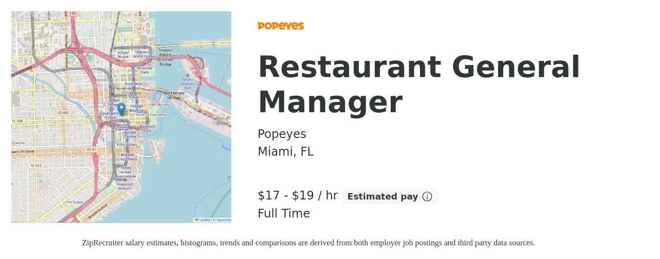 Popeyes job posting for a Restaurant General Manager in Miami, FL with a salary of $18 to $20 Hourly with a map of Miami location.