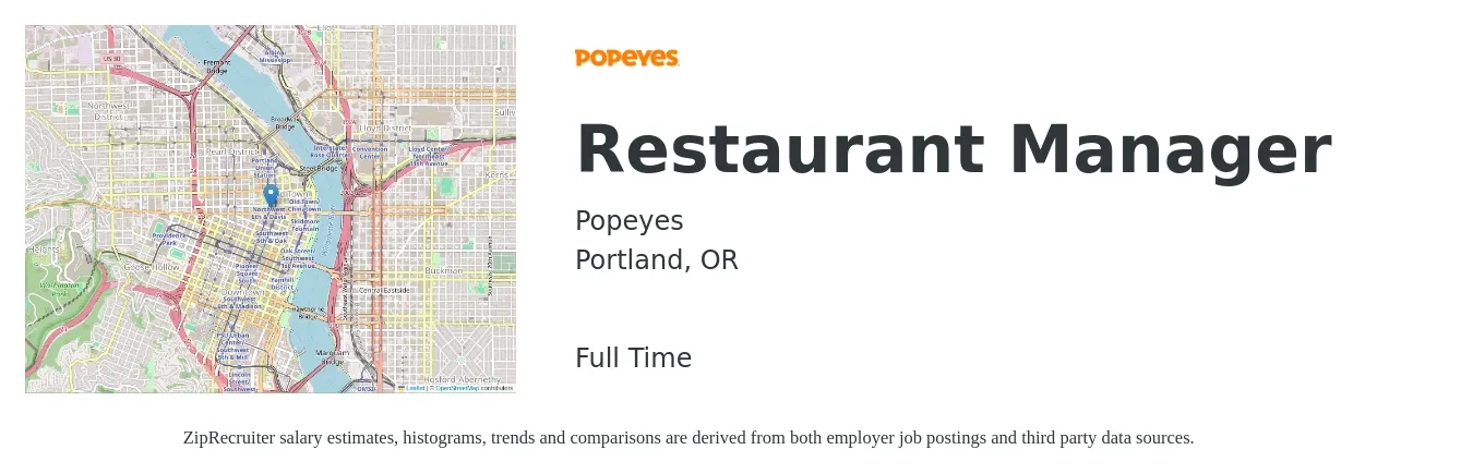 Popeyes job posting for a Restaurant Manager in Portland, OR with a salary of $47,700 to $67,300 Yearly with a map of Portland location.