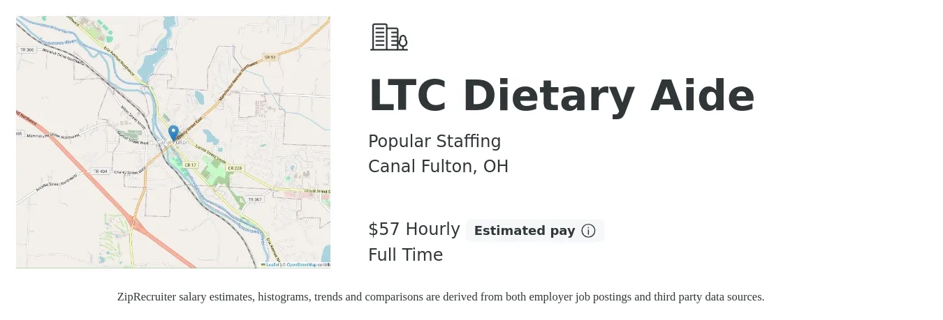 Popular Staffing job posting for a LTC Dietary Aide in Canal Fulton, OH with a salary of $60 Hourly with a map of Canal Fulton location.