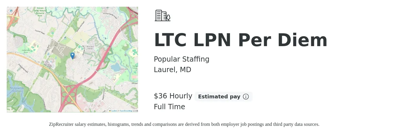 Popular Staffing job posting for a LTC LPN Per Diem in Laurel, MD with a salary of $38 Hourly with a map of Laurel location.