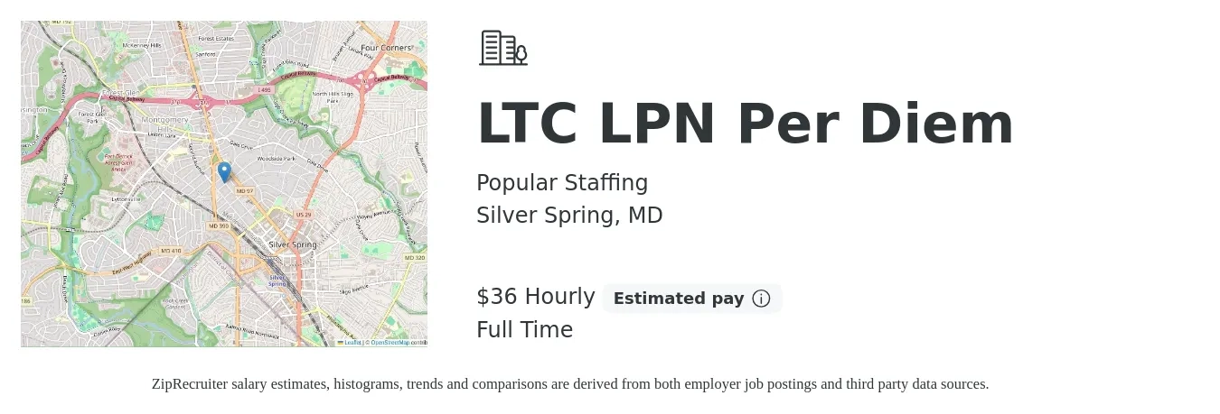 Popular Staffing job posting for a LTC LPN Per Diem in Silver Spring, MD with a salary of $38 Hourly with a map of Silver Spring location.