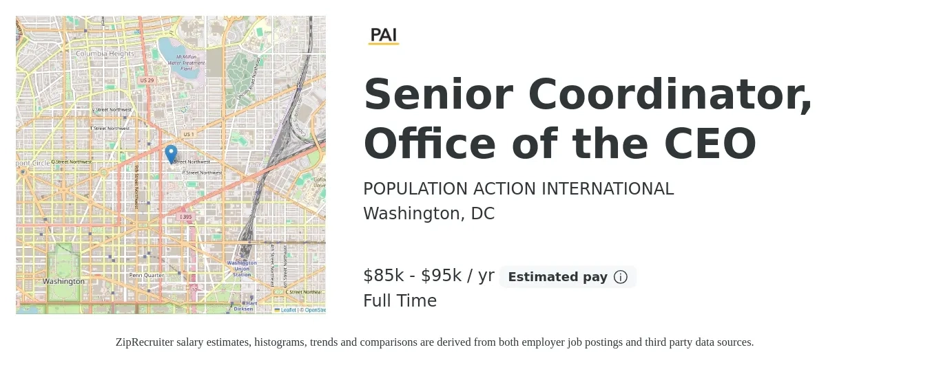 POPULATION ACTION INTERNATIONAL job posting for a Senior Coordinator, Office of the CEO in Washington, DC with a salary of $85,000 to $95,000 Yearly with a map of Washington location.
