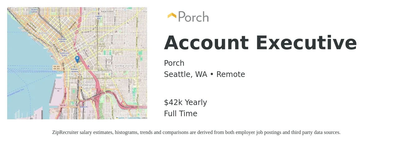 Porch job posting for a Account Executive in Seattle, WA with a salary of $42,500 Yearly with a map of Seattle location.