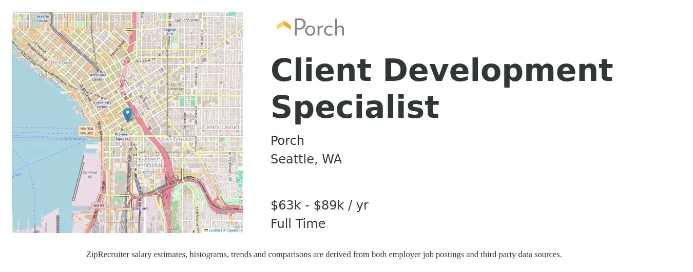 Porch job posting for a Client Development Specialist in Seattle, WA with a salary of $63,800 to $89,300 Yearly with a map of Seattle location.