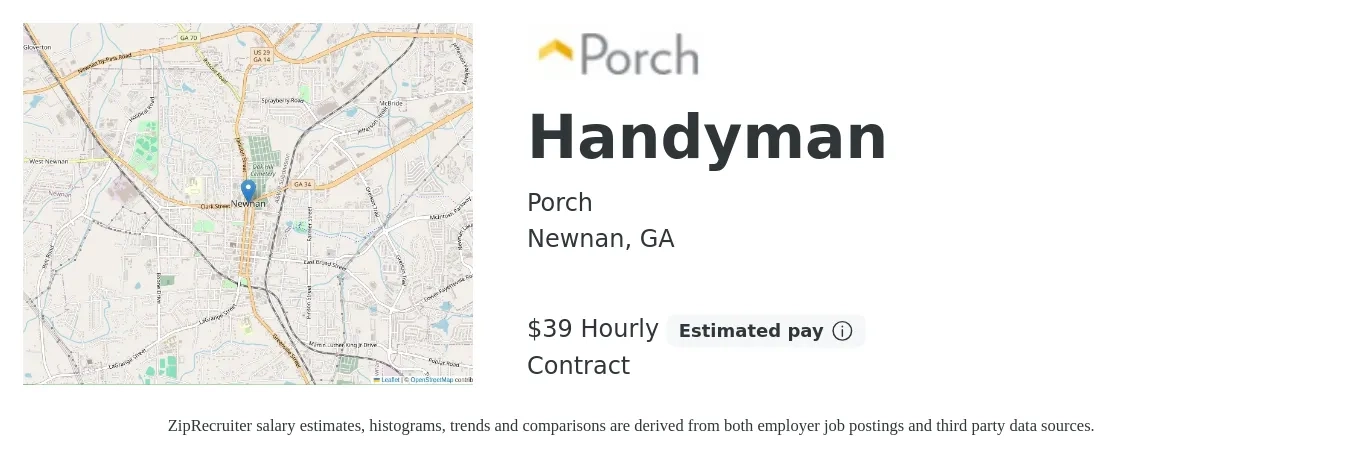 Porch job posting for a Handyman in Newnan, GA with a salary of $41 Hourly with a map of Newnan location.