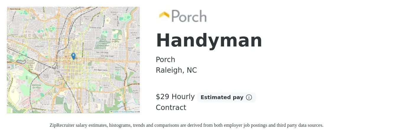 Porch job posting for a Handyman in Raleigh, NC with a salary of $31 Hourly with a map of Raleigh location.