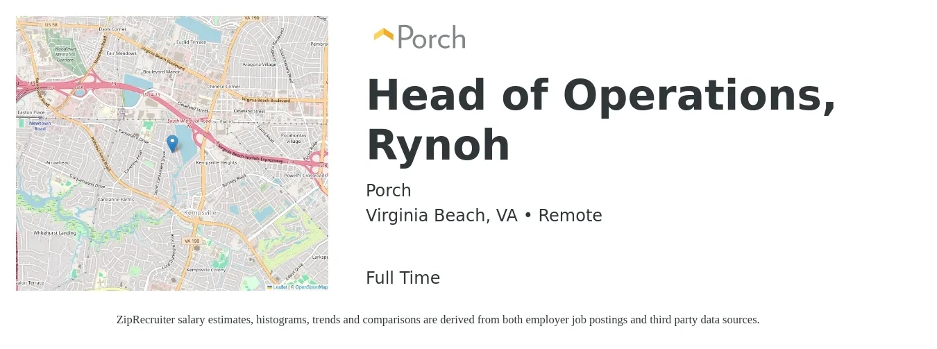 Porch job posting for a Head of Operations, Rynoh in Virginia Beach, VA with a salary of $71,700 to $128,600 Yearly with a map of Virginia Beach location.